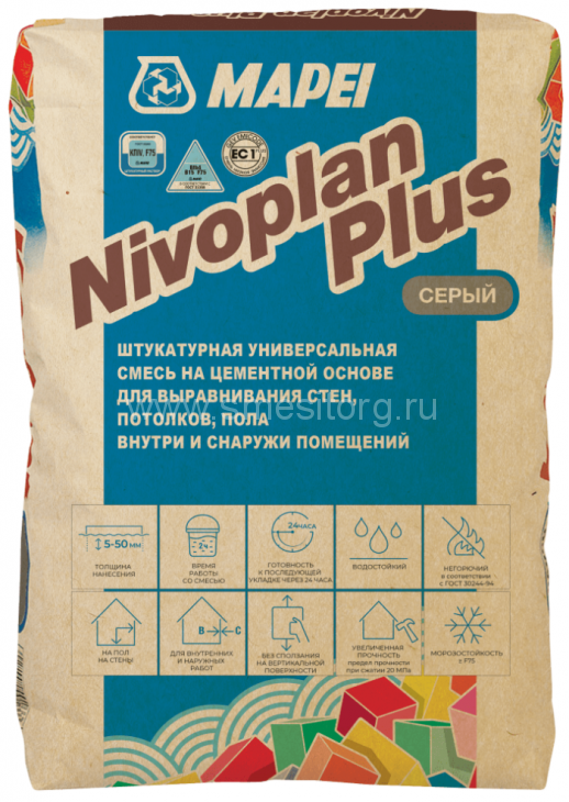 Штукатурка цементная морозостойкая Mapei Nivoplan Plus 25 кг