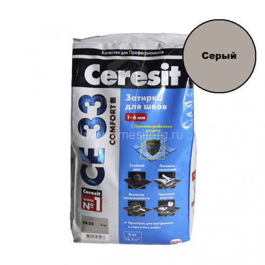 Затирка церезит CE 33/5 цементная 1-6мм S №07 серый 5кг
